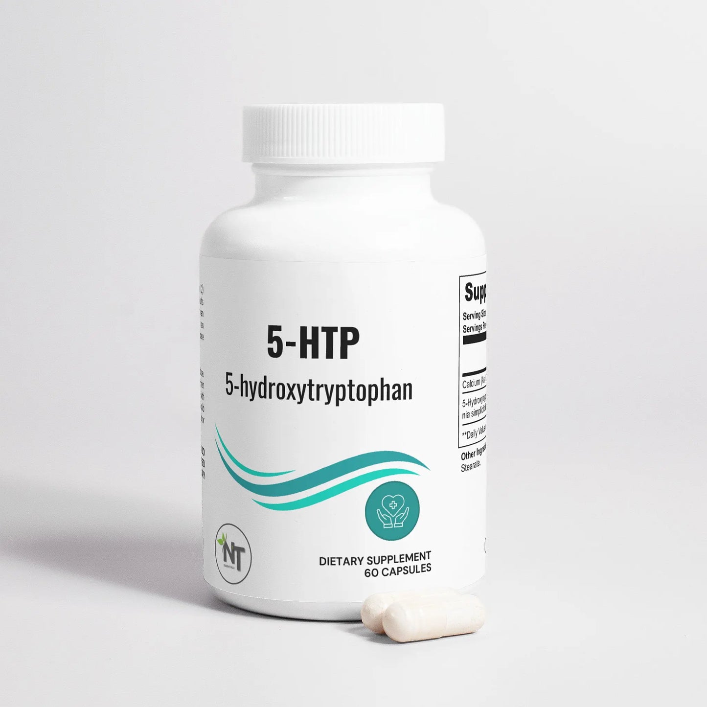 5-HTP Supplement 200mg bottle tipped with capsules spilling