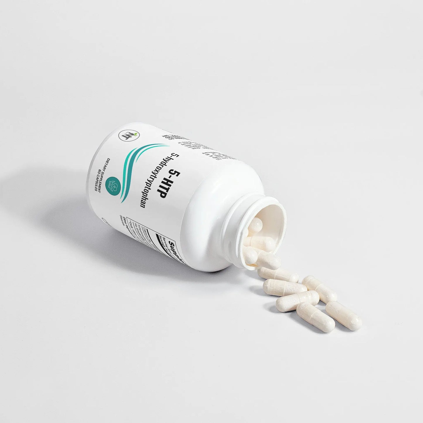 5-HTP Supplement 200mg bottle with capsules spilled
