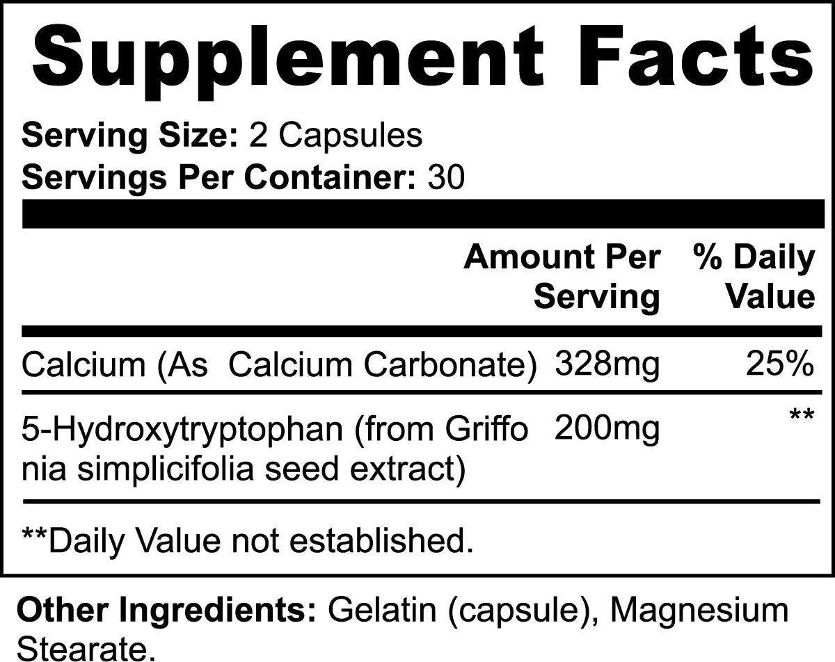 5-HTP Supplement 200mg nutrition label showing ingredients