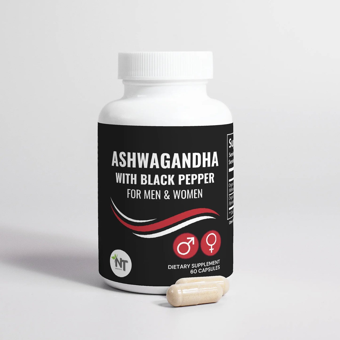 Ashwagandha supplement bottle with black pepper, front-facing view and capsules – Nutrition Tribune