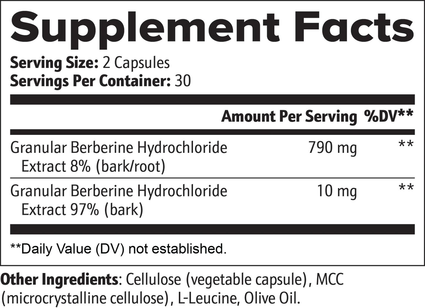 Berberine Capsules Supplement Facts label with ingredients and dosage