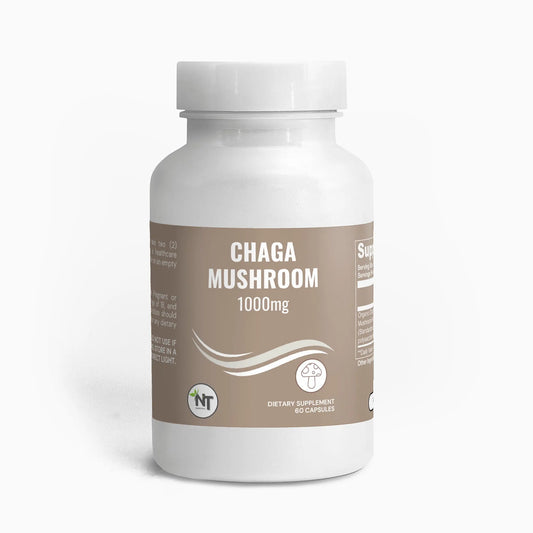Chaga Mushroom Capsules bottle front – 1000mg organic extract by Nutrition Tribune