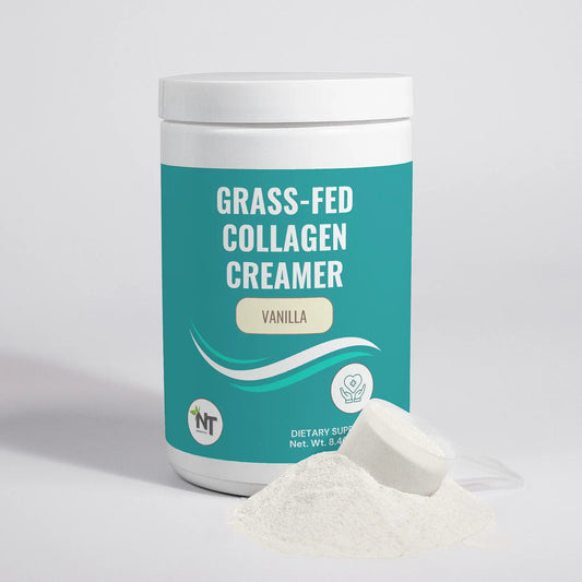 Grass-Fed Collagen Coffee Creamer Vanilla flavor with scoop and powder - Nutrition Tribune