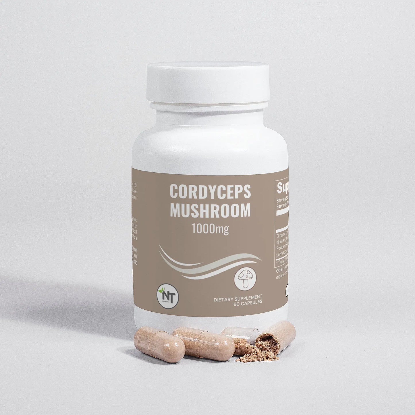 Cordyceps Mushroom Capsules bottle with loose vegan capsules and visible powder on white background