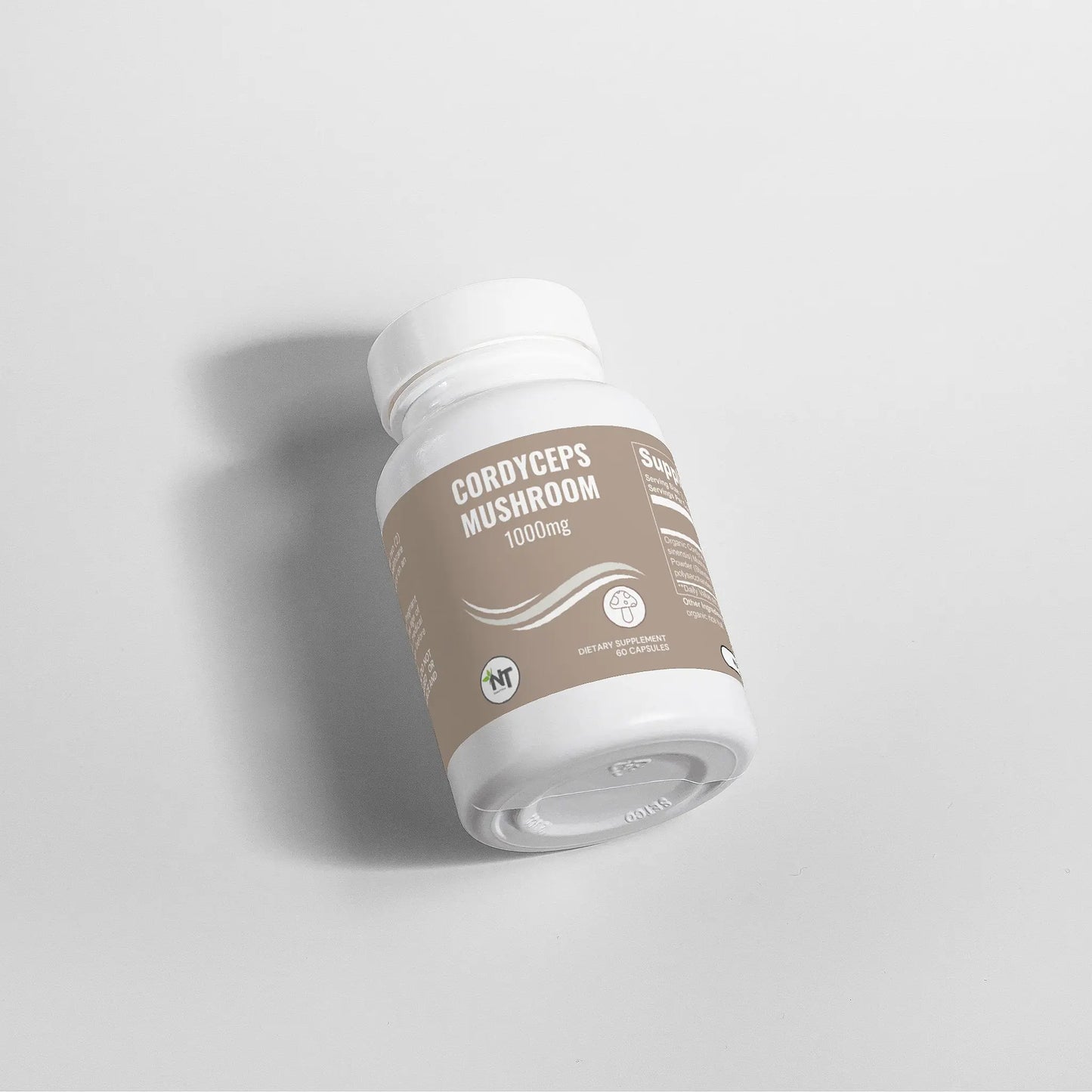 Cordyceps Mushroom Capsules bottle label showing 1000mg dietary supplement with 60 vegan capsules