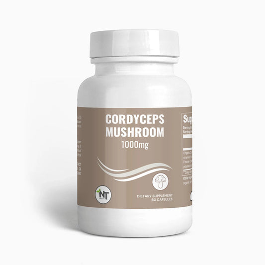 Cordyceps Mushroom Capsules front label showing 1000mg bottle with NT Essentials branding