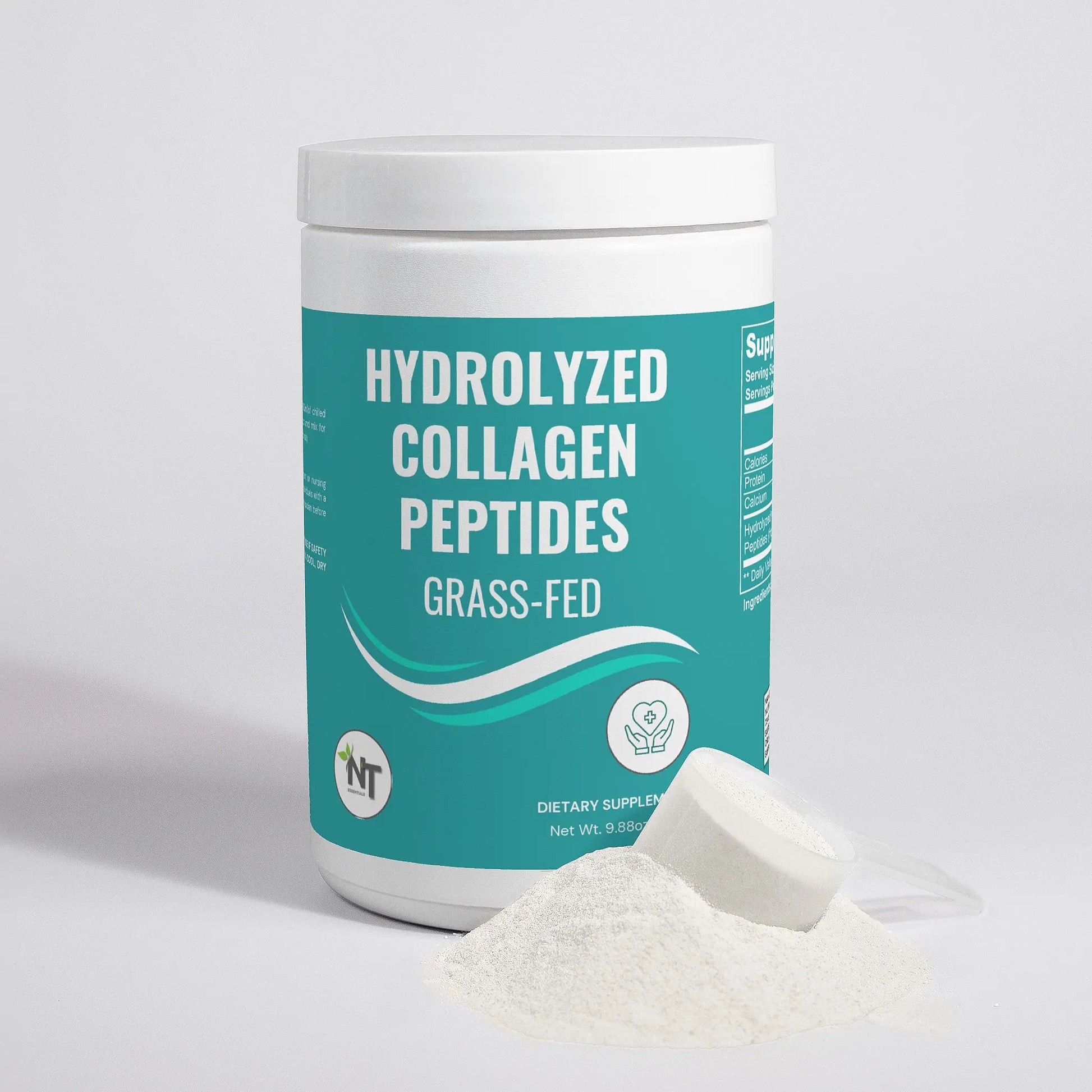 Grass-fed hydrolyzed collagen peptides powder container with scoop and powder in front – Nutrition Tribune supplement