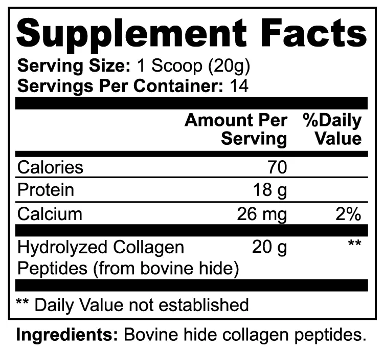 Supplement facts label for Grass-Fed Hydrolyzed Collagen Peptides showing protein, calcium, and collagen content – Nutrition Tribune