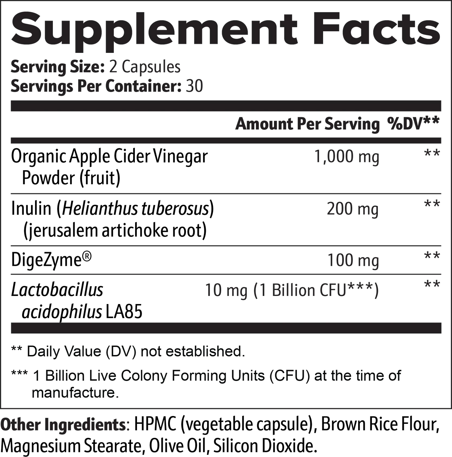 Gut Health Capsules Supplement Facts panel with ingredients and dosage