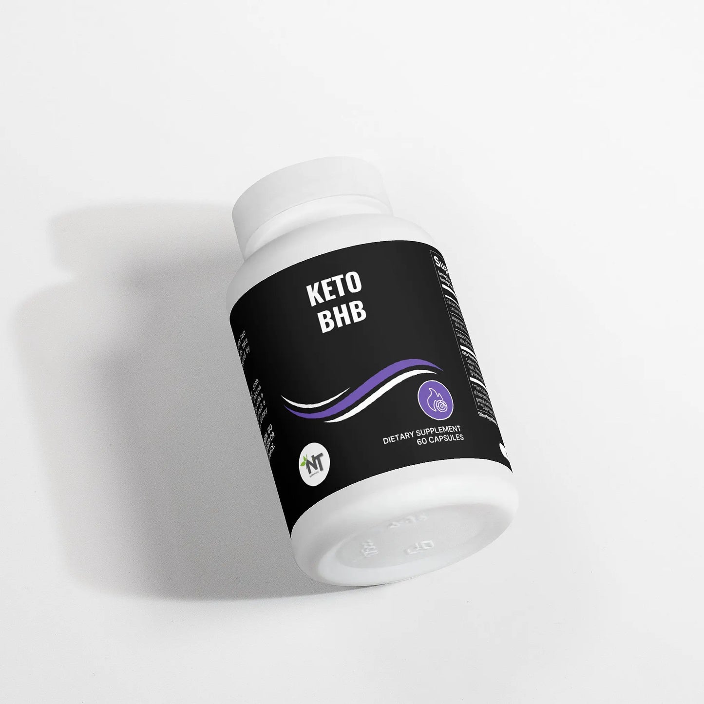 Keto BHB supplement bottle angled side view on white background