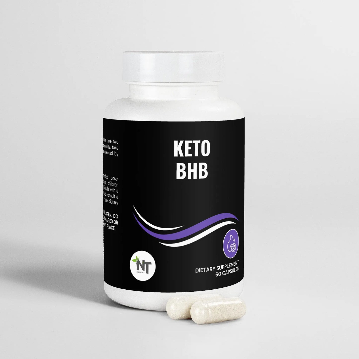 Keto BHB supplement bottle with capsules in front on gray background