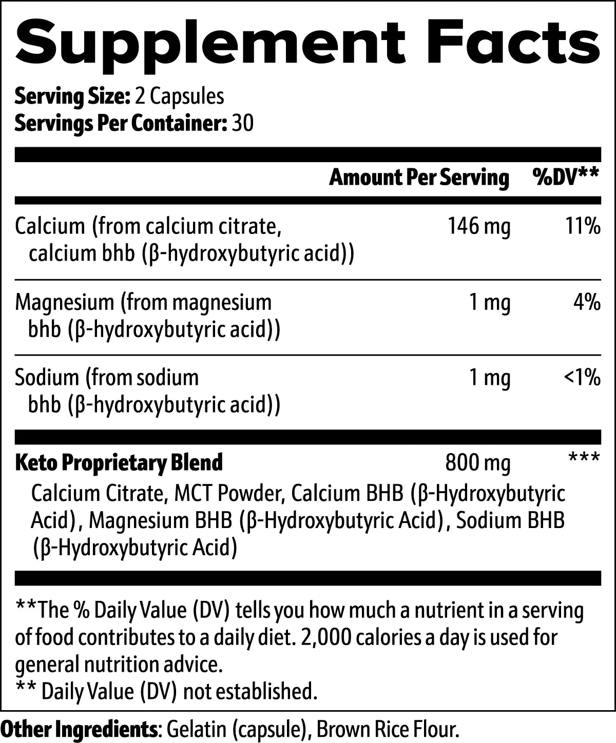 Keto BHB supplement facts label with ingredient and dosage information