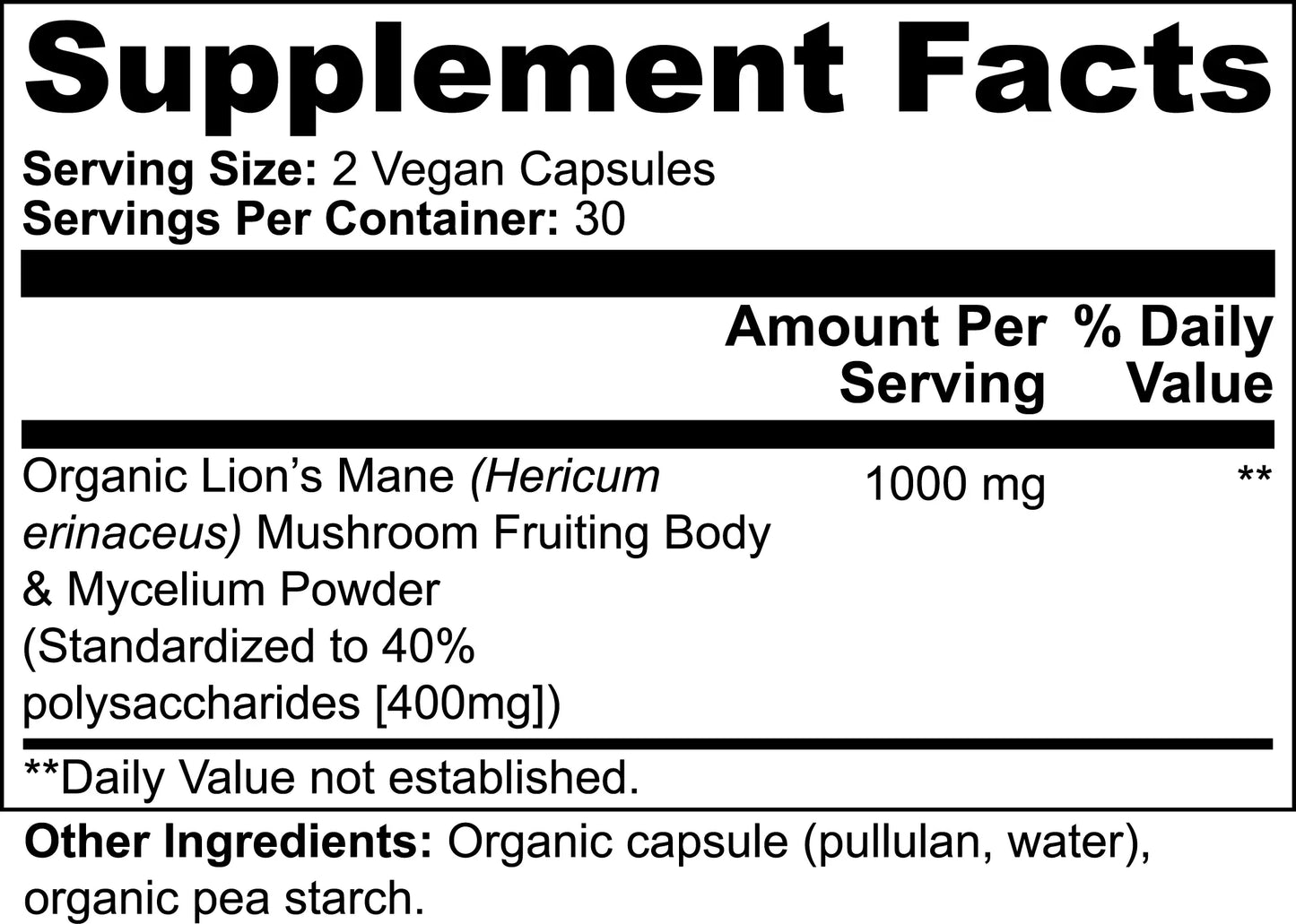 Supplement Facts for Lion's Mane Mushroom Capsules showing 1000mg organic Hericium erinaceus.