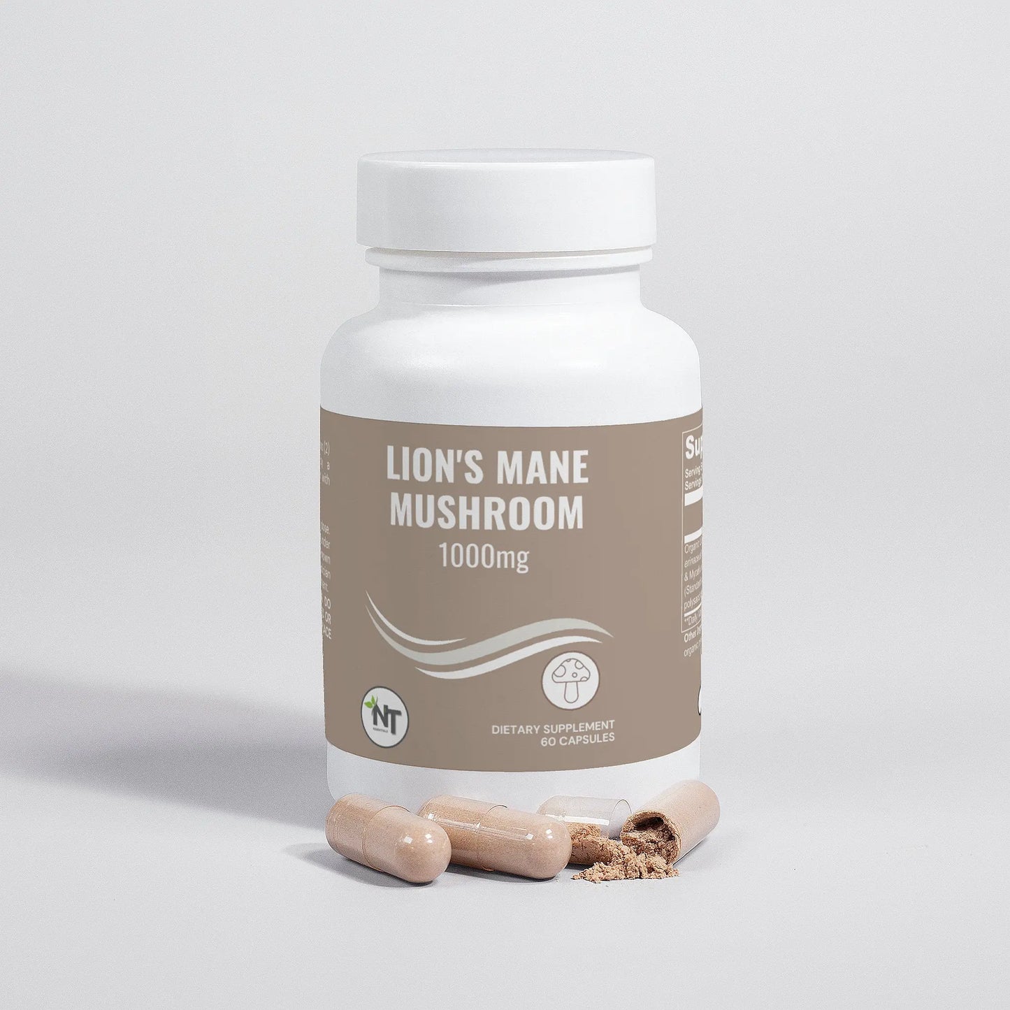 Lion's Mane Mushroom Supplement Bottle - 1000mg capsules by NT Essentials.