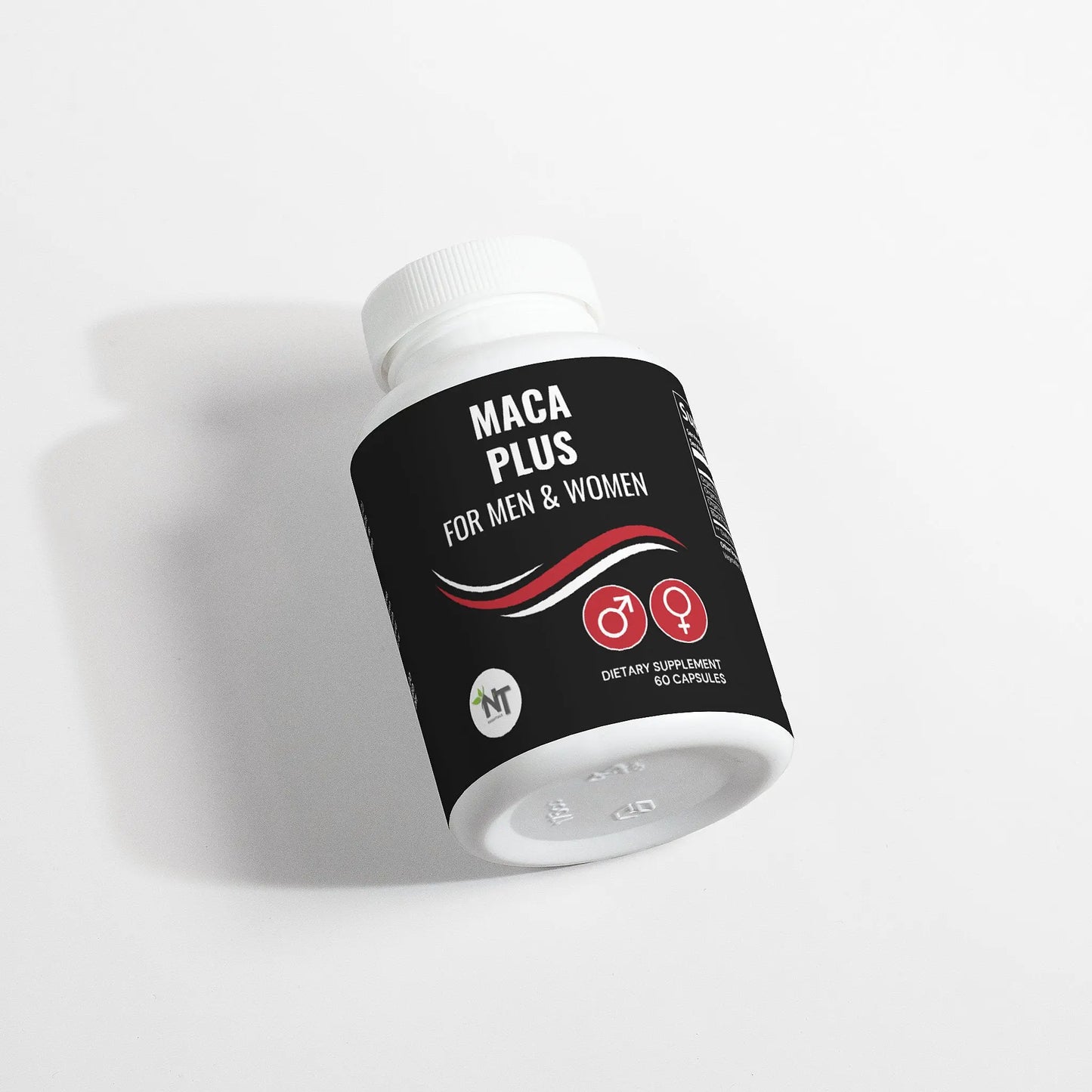 Maca Plus maca root capsules bottle angled side view – tri-maca supplement for men and women