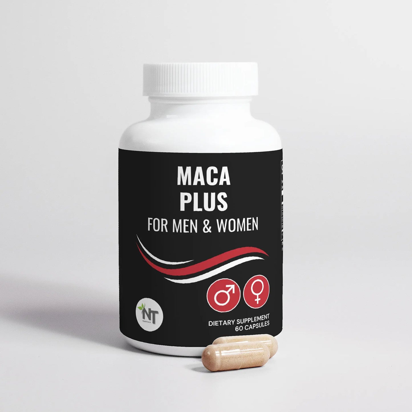 Maca Plus maca root capsules bottle with capsules in front – organic tri-maca supplement