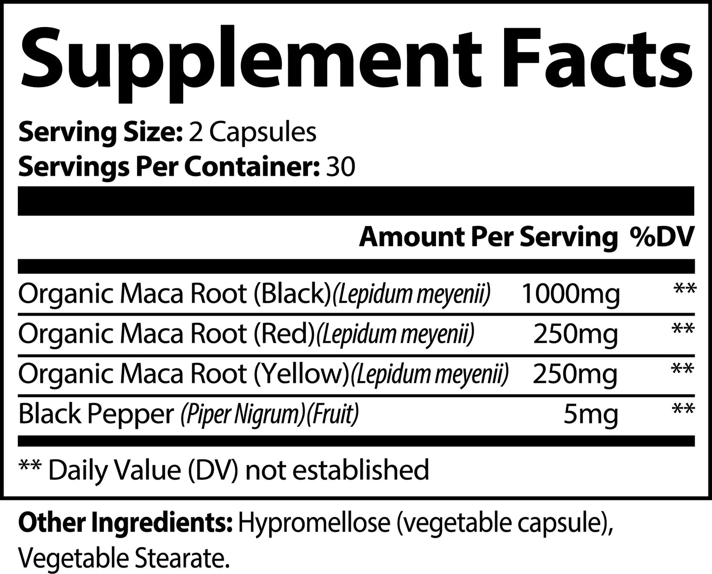 Maca Plus maca root capsules supplement facts label showing organic red, black and yellow maca with black pepper