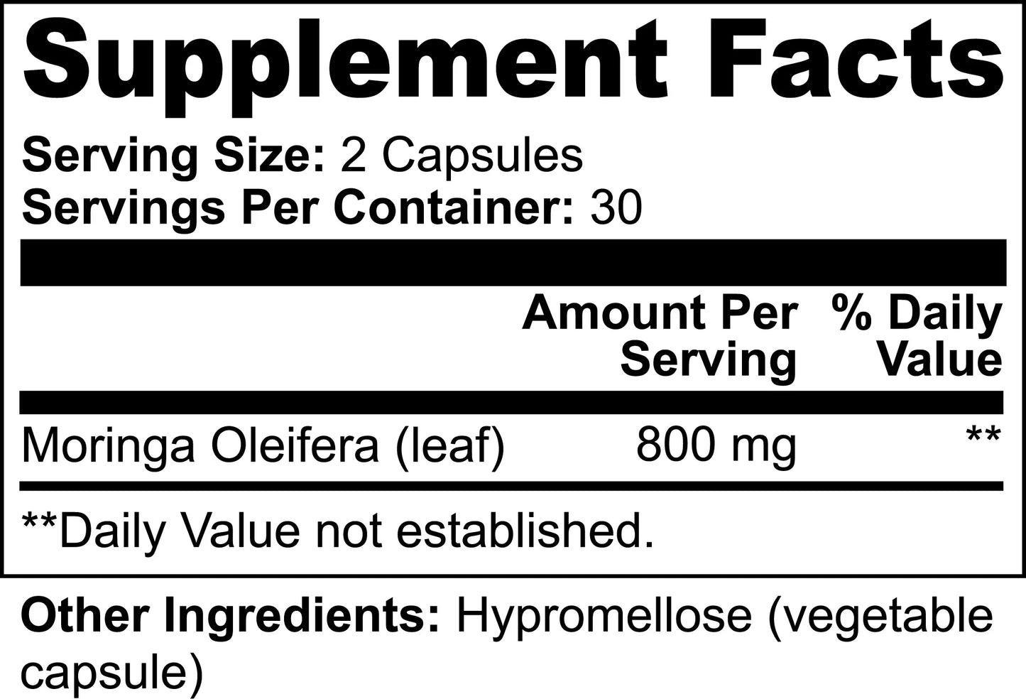 Moringa capsules supplement facts label.