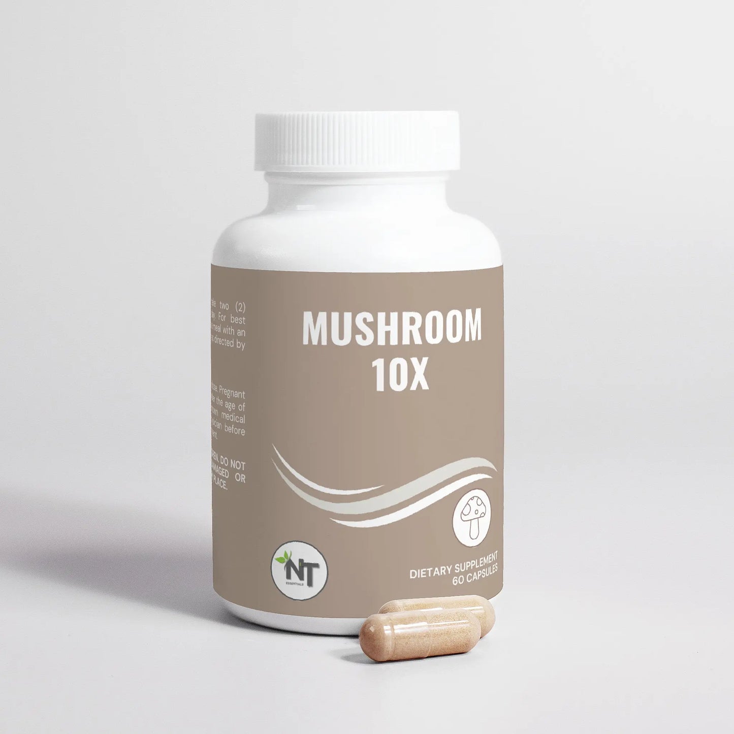Mushroom Complex 10X Capsules close-up front view of the bottle on white background