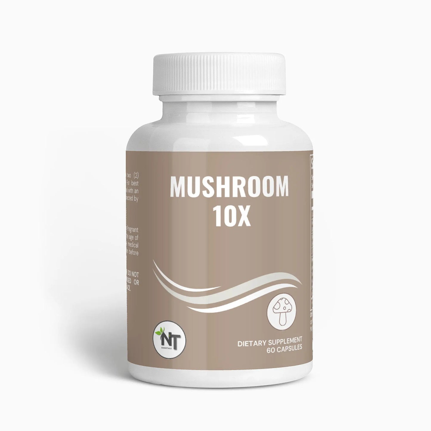 Mushroom Complex 10X Capsules bottle showing product label and 60 capsule count
