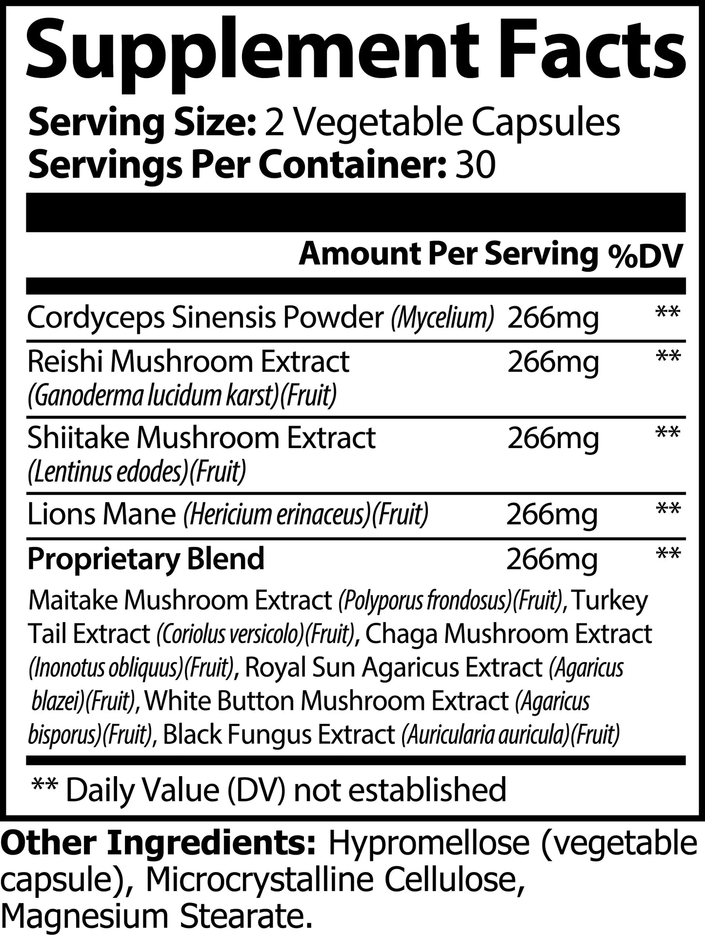 Mushroom Complex 10X Capsules Supplement Facts label showing ingredients and dosages per serving.