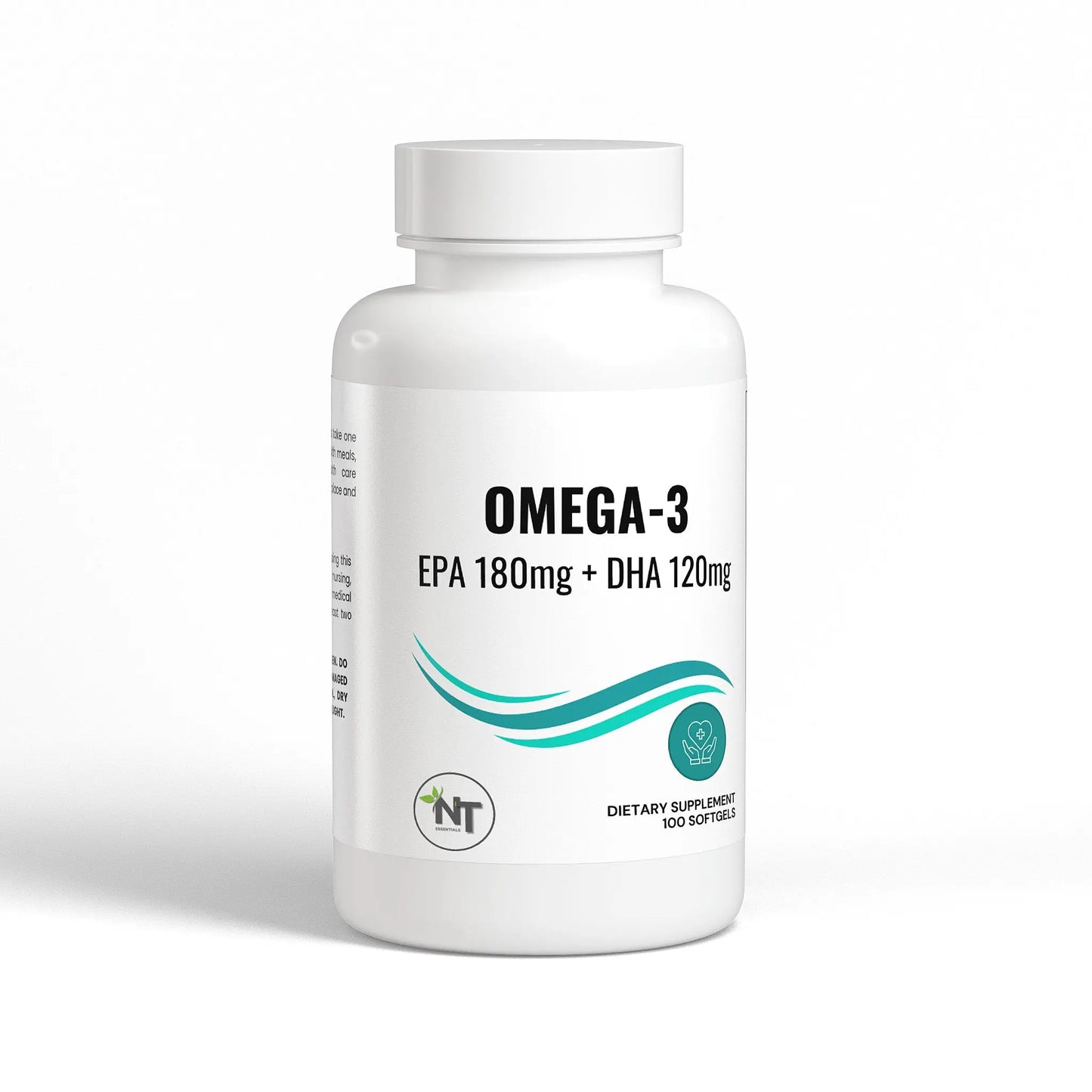 Omega 3 supplement bottle with EPA 180mg and DHA 120mg softgels