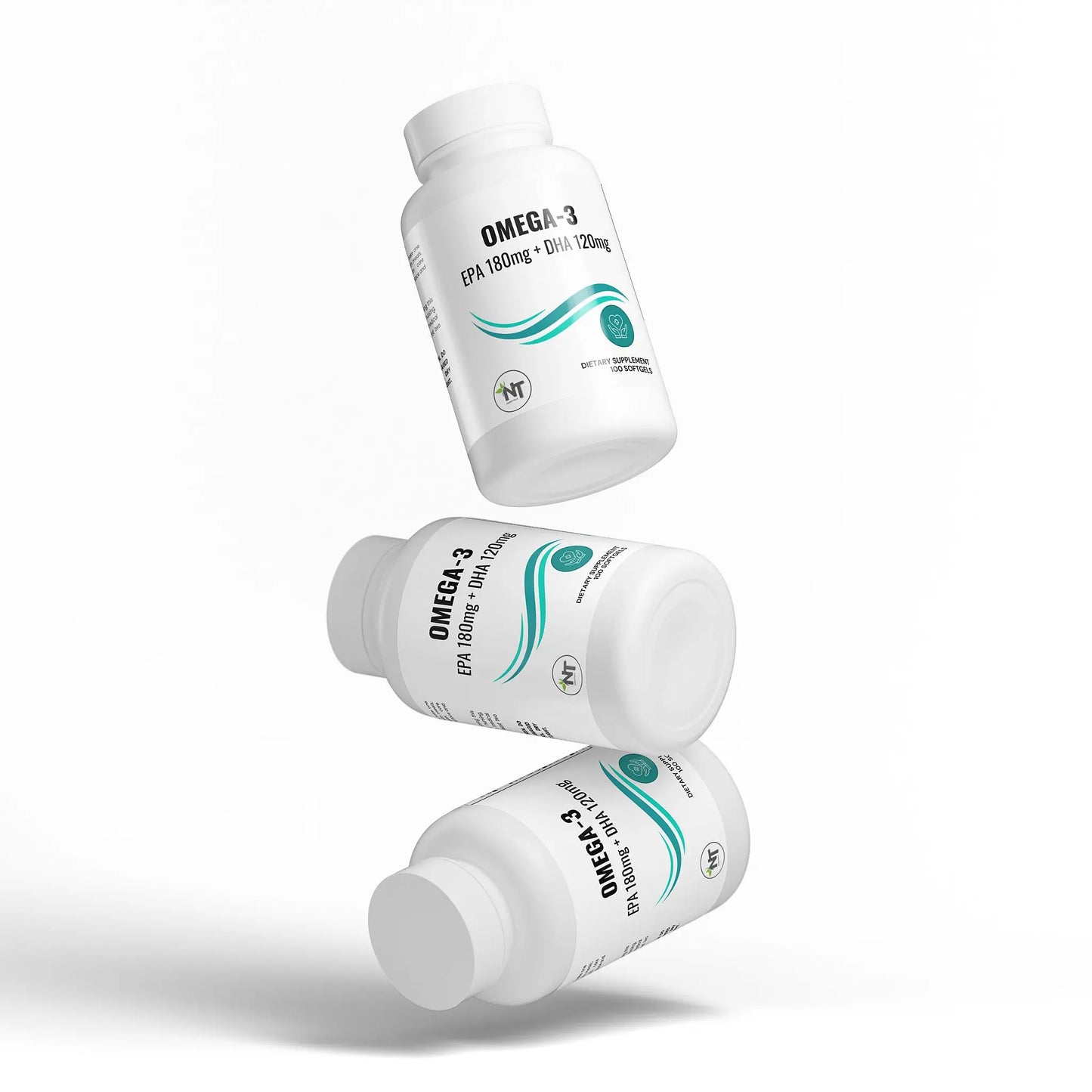 Omega 3 supplement bottles stacked with EPA 180mg and DHA 120mg softgels