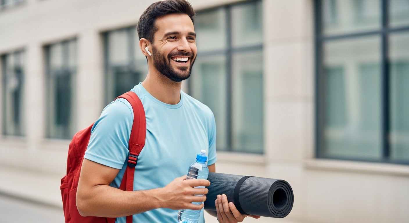 An active man carrying a water bottle and yoga mat, representing a premium health supplements lifestyle in an urban setting.