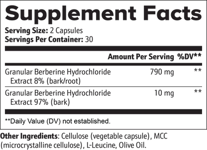 Berberine Capsules Supplement Facts label with ingredients and dosage
