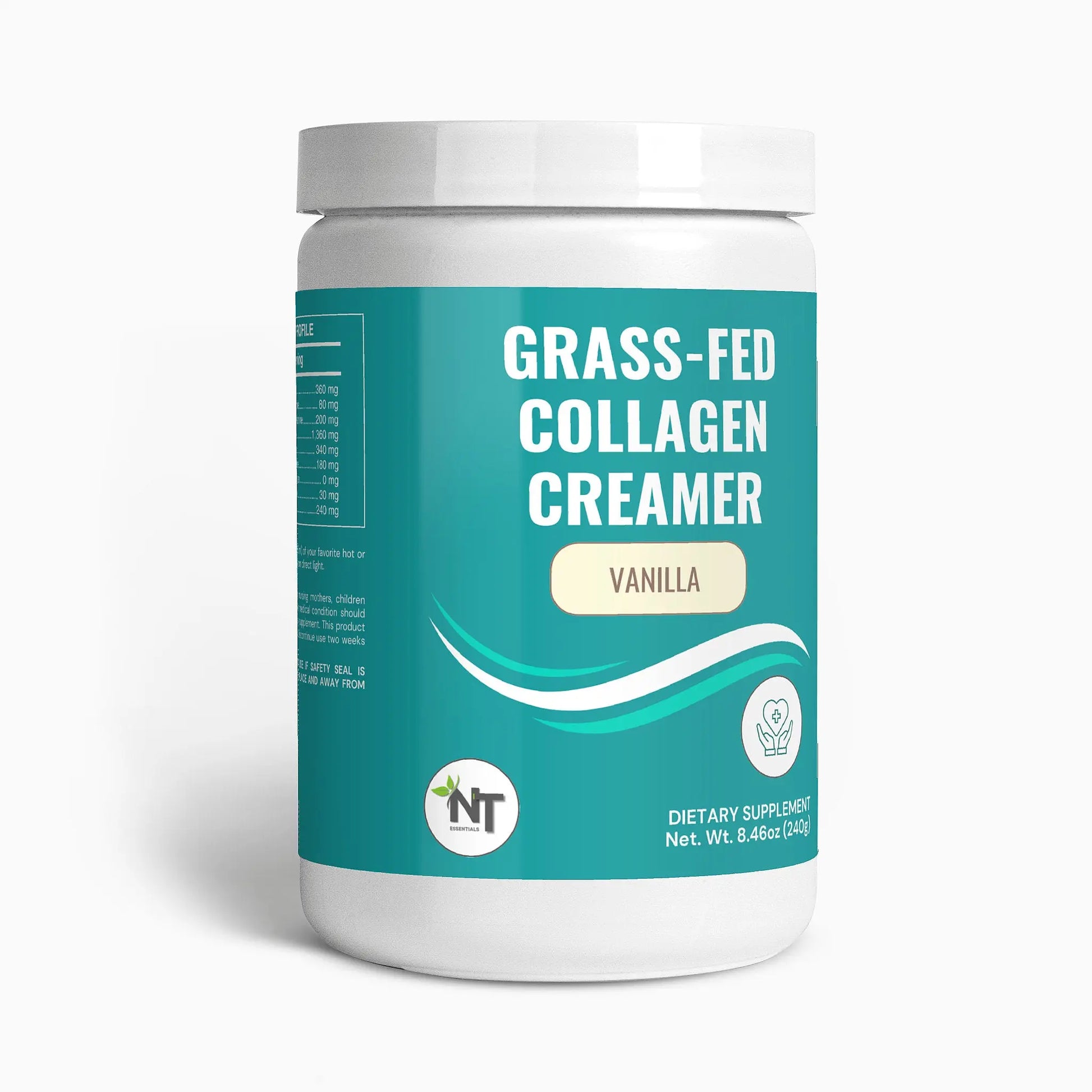 Vanilla Grass-Fed Collagen Coffee Creamer angled container view - Nutrition Tribune