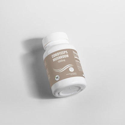 Cordyceps Mushroom Capsules bottle label showing 1000mg dietary supplement with 60 vegan capsules