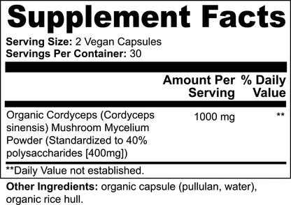 Cordyceps Mushroom Capsules supplement facts showing 1000mg organic Cordyceps sinensis mycelium powder standardized to 40% polysaccharides