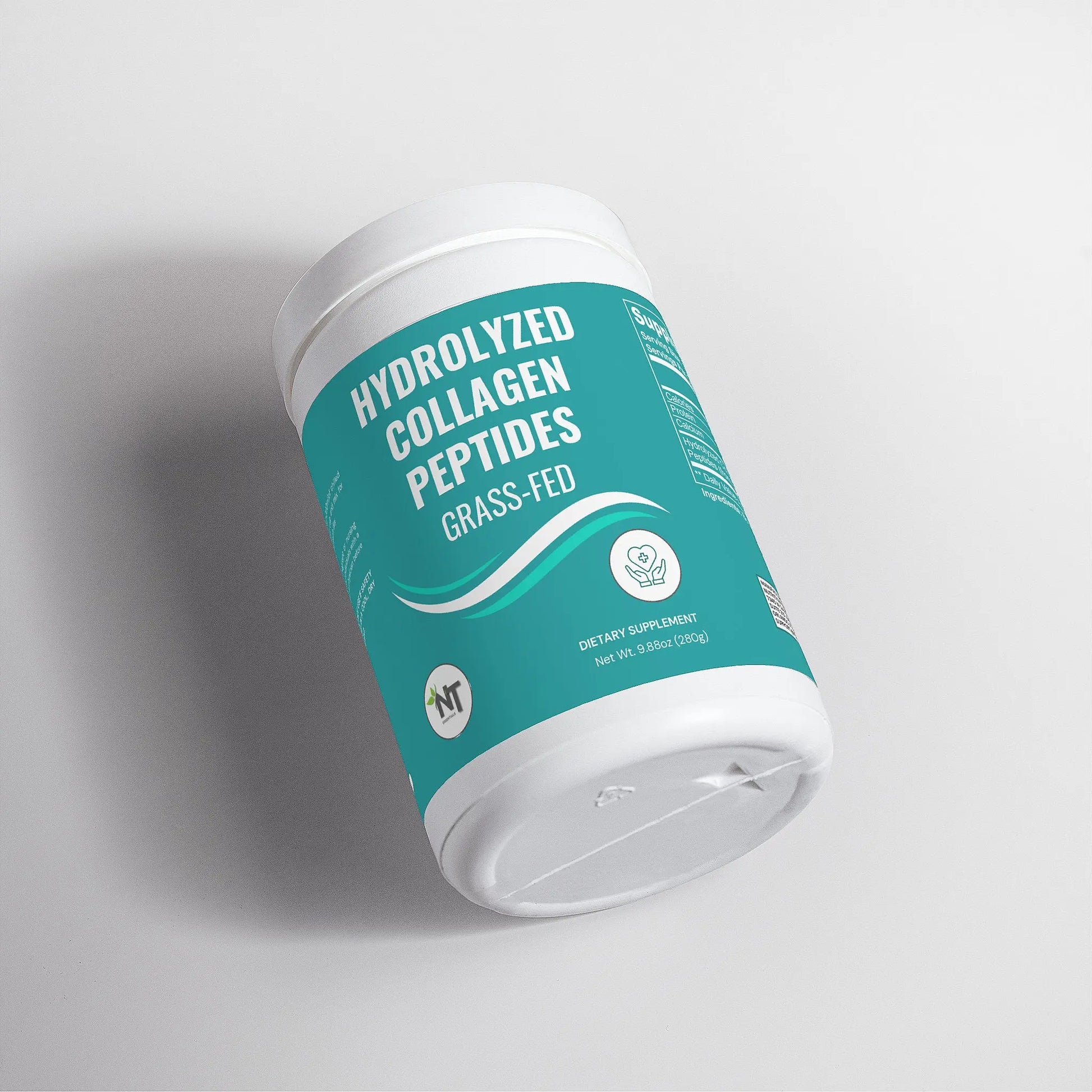 Grass-fed hydrolyzed collagen peptides powder container angled view – Nutrition Tribune supplement