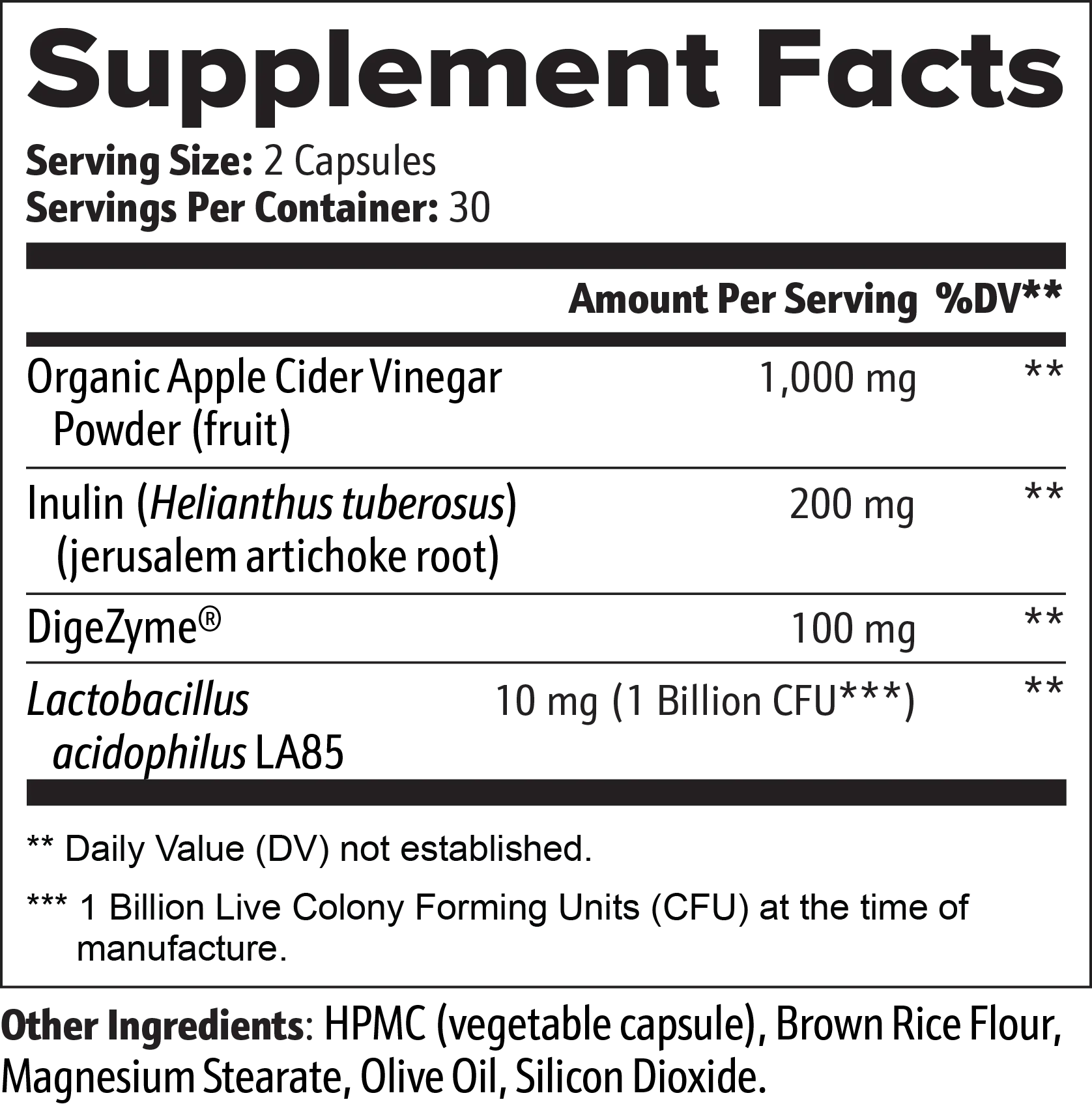 Gut Health Capsules Supplement Facts panel with ingredients and dosage