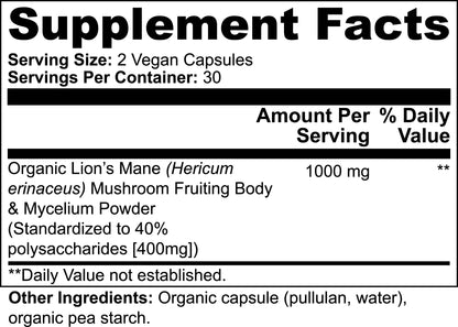 Supplement Facts for Lion's Mane Mushroom Capsules showing 1000mg organic Hericium erinaceus.