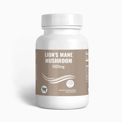 Front view of Lion's Mane Mushroom Supplement Bottle - 1000mg by NT Essentials.