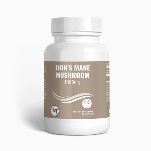 Front view of Lion's Mane Mushroom Supplement Bottle - 1000mg by NT Essentials.