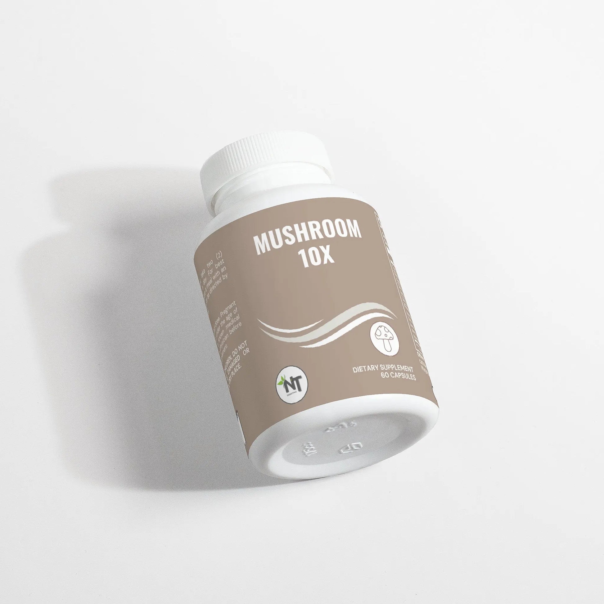 Mushroom Complex 10X Capsules angled view of bottle showing product label and branding.