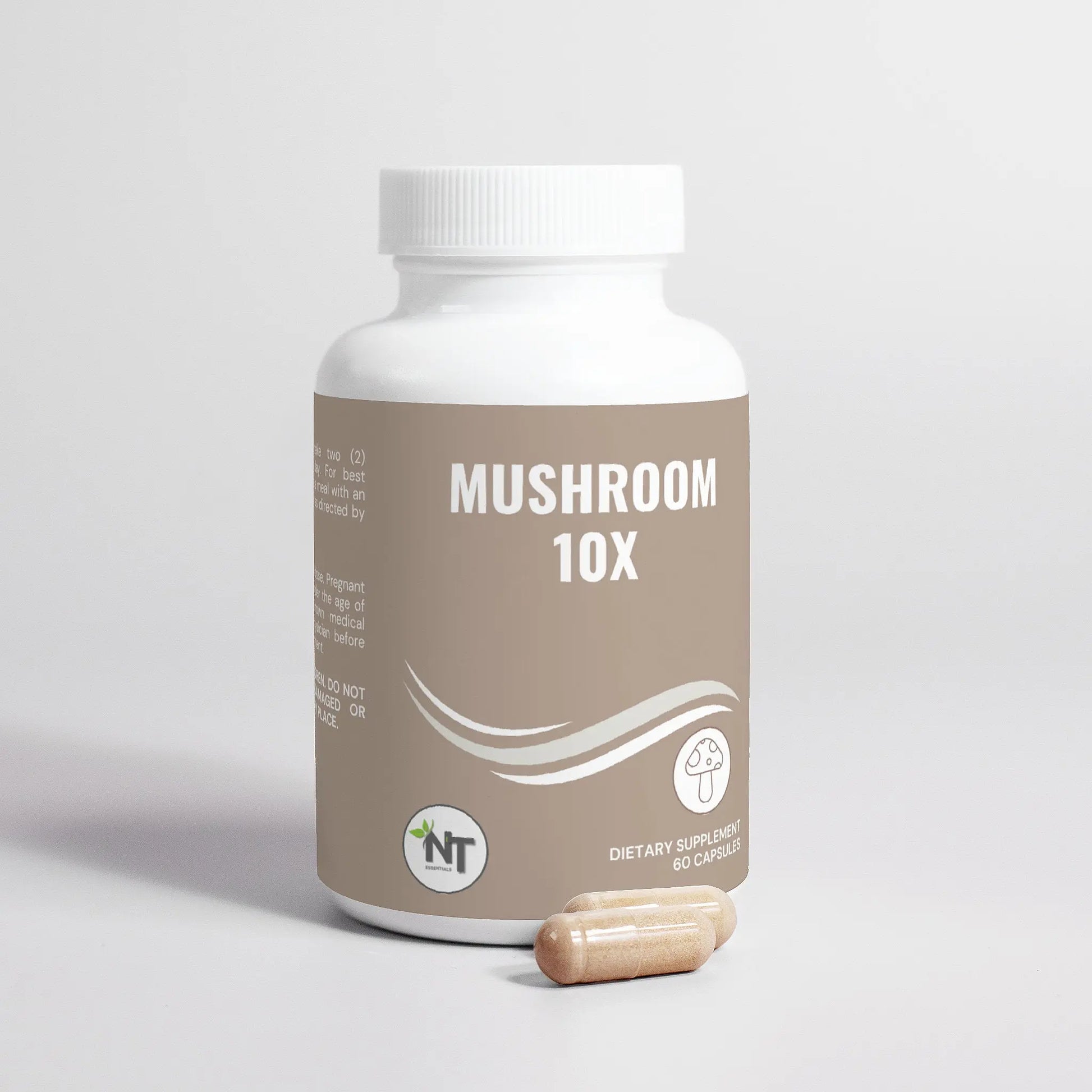 Mushroom Complex 10X Capsules close-up front view of the bottle on white background