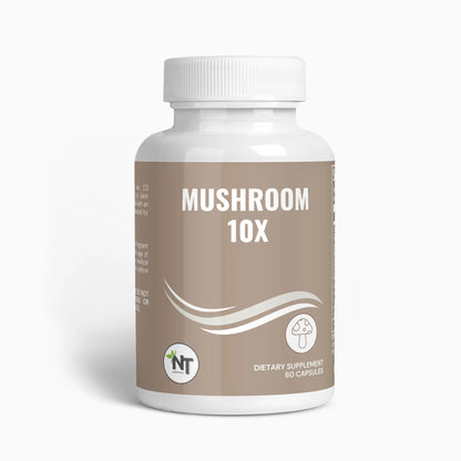 Mushroom Complex 10X Capsules bottle showing product label and 60 capsule count