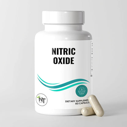 Nitric Oxide Capsules supplement bottle with capsules by Nutrition Tribune