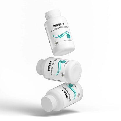 Omega 3 supplement bottles stacked with EPA 180mg and DHA 120mg softgels